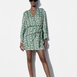 Zara Green and White Patterned Dress